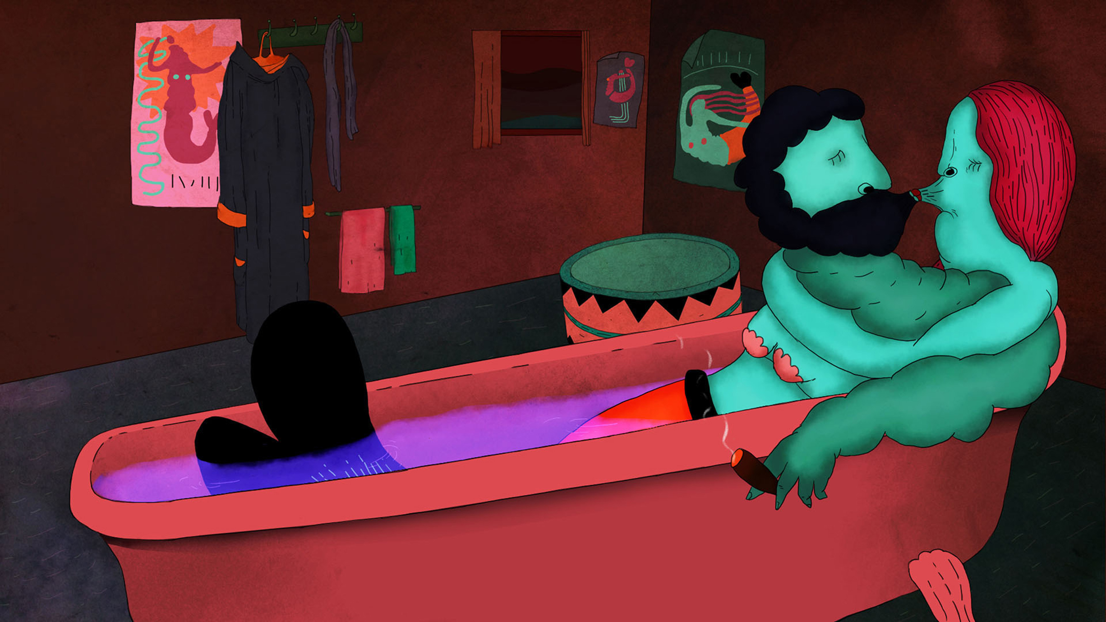 A Sellők és rinocéroszok című animációs film képkockája kádban fekvő animált lényekről